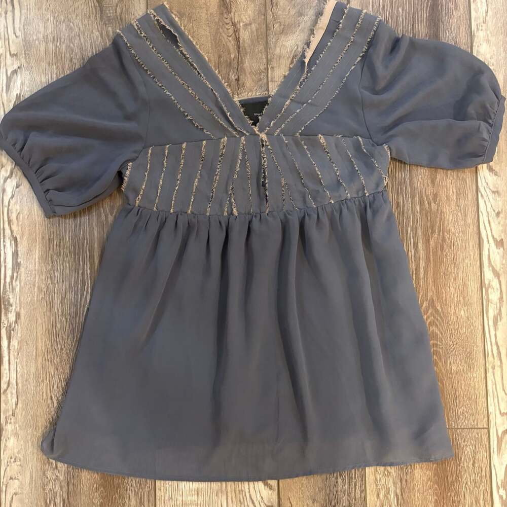 Blue Chiffon Puff Sleeve Blouse Womens Romantic Boho Textured Trim Top